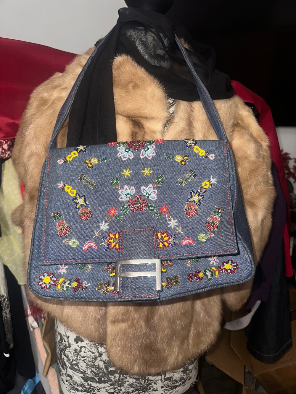 Denim Embroidered Floral Shoulder Bag - Blue